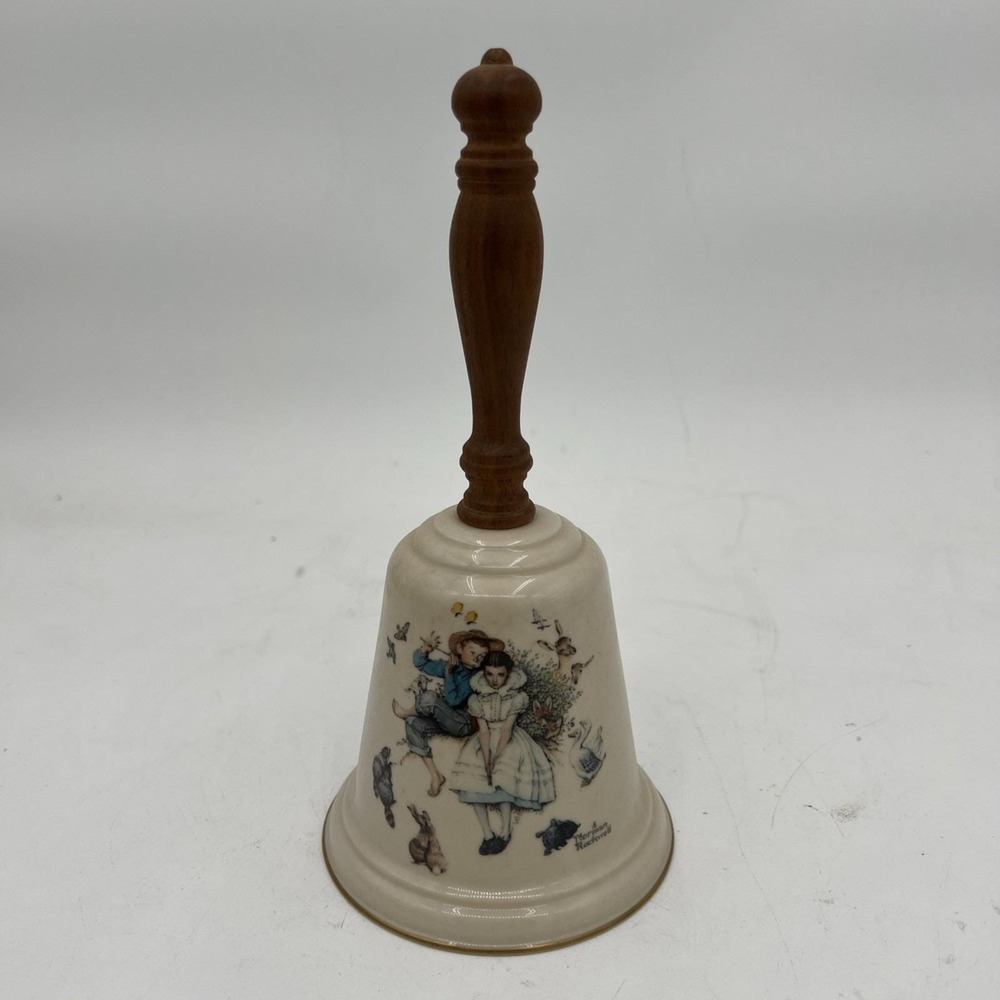 VTG 1975 GORHAM NORMAN ROCKWELL PORCELAIN BELL WOOD HANDLES, MINT! 9"